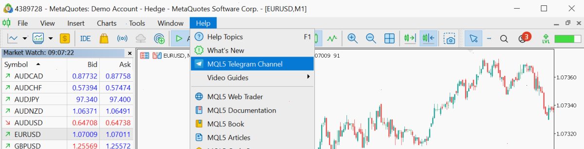 在“帮助”菜单中添加MQL5 Telegram频道的链接。